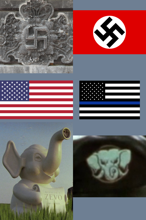 Fascist symbols don&rsquo;t start as fascist. Note the tusks, angry eyes, and curved (defensive?) trunk on the Zevo elephant logo.
