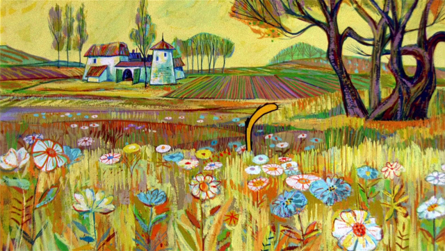Screenshot of a pastoral scene in an impressionist painting style. A cartoon cat tail pokes out of the grass and flowers in the middle of the scene. Going back, there is a tree, farmland, and older French-style(?) two story home.