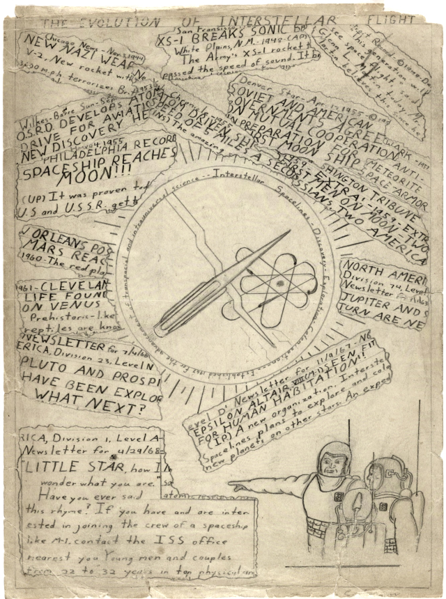 This drawing, created by a 10-13 year-old Carl Sagan, presents a vision for space flight as a collage of newspaper headlines from the future. Some of the headlines announce technological developments, like an atomic space ship that can travel 5 miles per second. Many of the headlines suggest space travel would overcome political struggles on Earth. For example, an agreement of mutual cooperation between the American and Soviet governments to create the 'first moon ship' and the ultimate success of this imagined mission as two Russians and two Americans land on the moon in 1959. Going forward, the drawing predicts reaching Mars in 1960 and the discovery of prehistoric-like reptiles on Venus in 1961. At the bottom of the drawing, the young Carl Sagan imagines a 1967 advertisement for Interstellar Spacelines inviting men and women to sign up to travel to and inhabit, 'Altair 8', a habitable planet in another solar system.